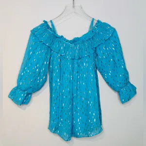 Lilly Pulitzer CeeCee Turquoise Oasis Metallic Off-Shoulder Blouse Shirt Top thumbnail 3