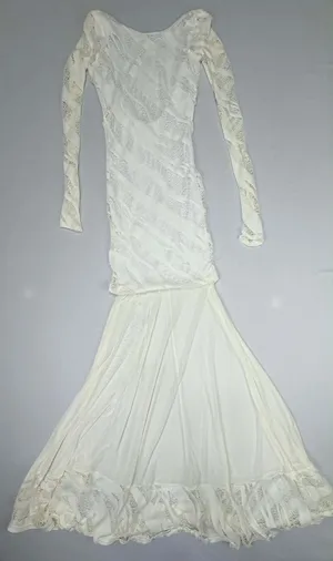 Auditions White Textures Mesh Long Sleeve Maxi Gown with Low Back and Lace Hem D thumbnail 5