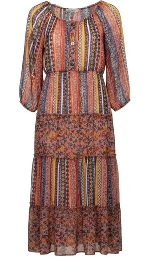 Figueroa & Flower Midi Dress Sz XL Smocked Tiered Floral Striped Boho Peasant thumbnail 1