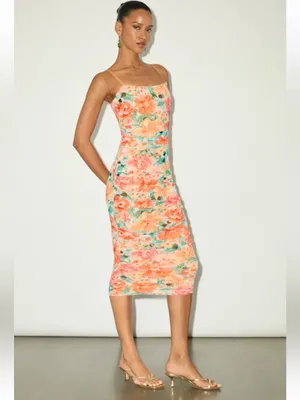 NWT * LULU’S Date Night Beauty Orange Floral Print Mesh Ruched Midi Dress Sm thumbnail 10