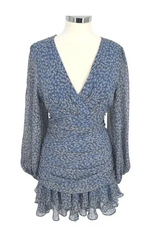Bardot Floral V-Neck Long-Sleeve Mini Dress Ruffled Ruched Blue Size XL thumbnail 1