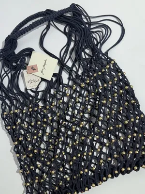 NWT Free People Navy Macramé Tote with Gold Bead Accents thumbnail 8