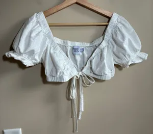 Princess Polly Tie Front Crop Top Size 4 White Womens Cotton Puff Sleeve thumbnail 1
