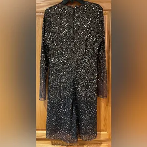 French Connection Emille Sparkle Black & Gold‎ Sequined Dress Sheer Sleeves Sz 4 thumbnail 9