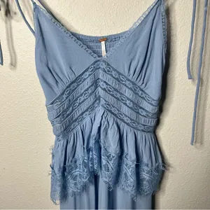 Free People Baby Blue Romantic Sheer Lace Peplum Babydoll Kiki Midi Slip Dress thumbnail 7