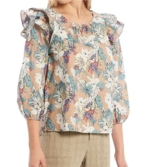 Anthropologie Skies Are Blue Floral Ruffle Shoulder Blouse Balloon Sleeve Medium thumbnail 1