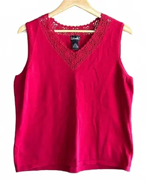 NWT Rafaella Knit Top XL Red Crochet Neckline Sleeveless Boho thumbnail 1