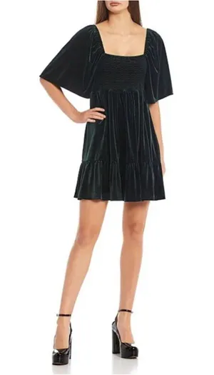 Chelsea & Violet Dress Womens XL Green Velvet Puff Sleeve Smocked Babydoll New thumbnail 1
