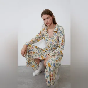 Zara Floral Button Up Collard Long Sleeve Midi Dress Size XS thumbnail 4