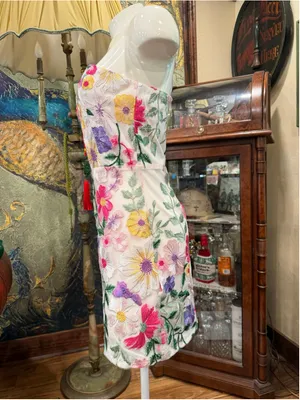 Floral Embroidered Lace Mini Dress Size S Strapless Colorful Mesh Overlay Weddin thumbnail 6