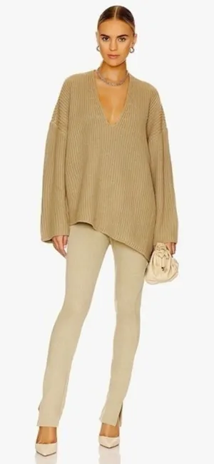 Revolve WEWOREWHAT‎ Solid V Neck Sweater Solid Tan Oat Oversized Knitwear M/L thumbnail 1