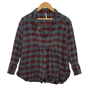 Free People Top Womens Extra Small Blue Wool Blend Plaid Button Up Boho Cottage thumbnail 1