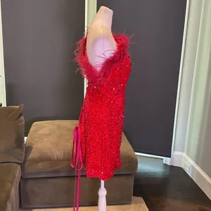 Women’s Pink Short Feather & Sequin One Shoulder Prom Party Dress Size 14 *READ thumbnail 5