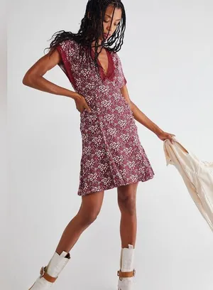 Free People Sweet Talker Lace Mini Dress Size XS Burgundy Floral 90s Grunge Boho thumbnail 12
