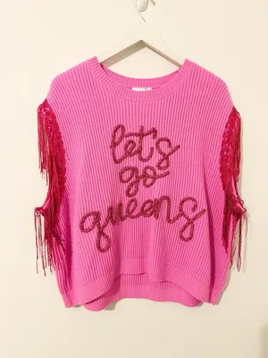 NWT Queen of Sparkles Let's Go Queen Pink Fringe Knit Top Size Large L * thumbnail 2