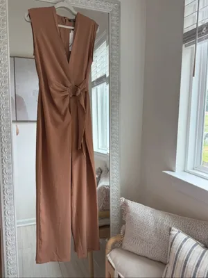 Zara Sleeveless V-Neck Jumpsuit with Side Knot in Camel Brown thumbnail 7