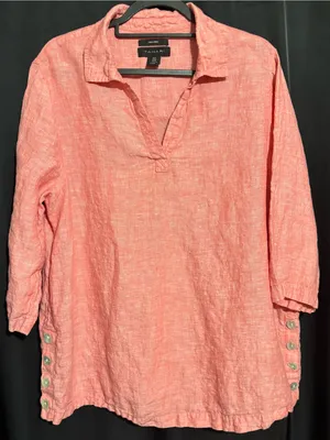 Tahari 1X 100% Linen Coral Pink V- neck Tunic Top Side Buttons 3/4 sleeves thumbnail 1