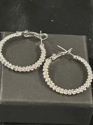 Silver Crystal Pave Hoop Earrings - Sparkling Silver Hoop Earrings thumbnail 3