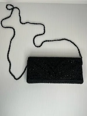 Vintage Y2K Black Beaded Clutch Handbag Purse Formal Geometric Art Deco Glam thumbnail 3