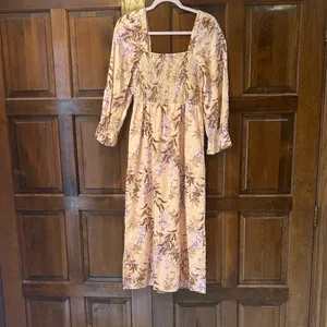 House of Harlow 1960 Linen Blend Smocked Midi Dress XS Peach Floral Palm Bishop‎ thumbnail 5