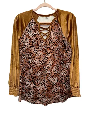 Leopard Print Velvet Sleeve‎ Top Lace-Up Neck Medium thumbnail 1