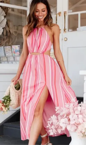 Petal & Pup Madam Stripe Cutout Cotton Halter Dress Size XL thumbnail 1