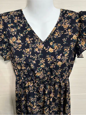 Navy Floral Dress Short Flutter Sleeves Mid Calf Maxi Lightweight, Small thumbnail 2