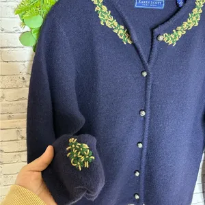 Vintage Karen Scott Navy Blue Cottagecore Embroidered Cardigan Sweater thumbnail 5
