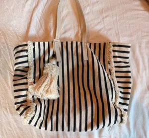 Zara Oversized Striped Canvas Tassel Tote Bag Cream Black Coastal Beach thumbnail 1