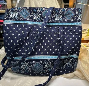 Large Quilted Tote Bag in Blue Floral Pattern w/ Pouch thumbnail 1