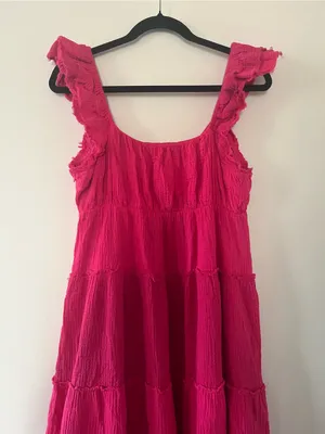 Hot Pink Tiered 100% Cotton Gauze Maxi Dress Small Coastal Euro Summer Beach thumbnail 8