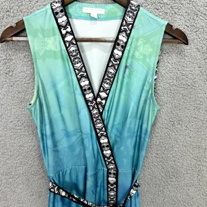 New York & Company Maxi Dress Womens XS Teal Ombre Floral Faux Wrap Stretch Boho thumbnail 4