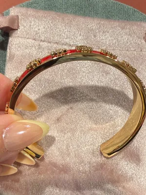 Tory Burch | Gold Plated & Red Enamel Logo Open Bangle Bracelet thumbnail 2