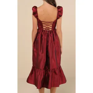 Lulus Poised Passion Wine Red Taffeta Pleated Ruffled Midi Dress thumbnail 3