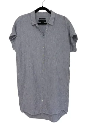 Tahari 100% Linen Button Down Boxy Shirt Dress Blue and White Pinstripe - Size S thumbnail 1