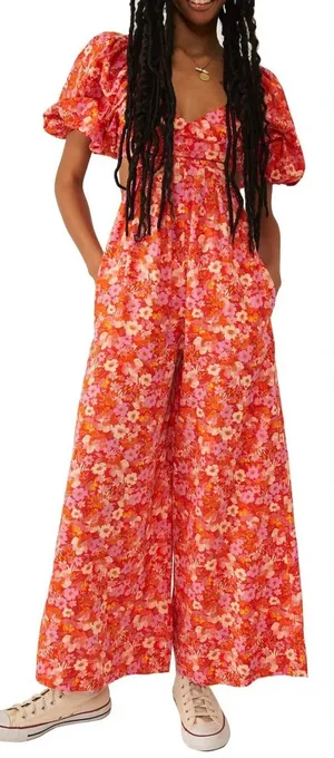NEW FREE PEOPLE Amy Floral Cotton cutout Orange Jumpsuit sz M thumbnail 1