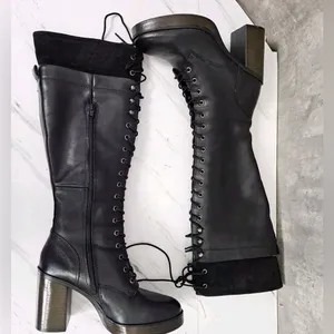 Steve Madden Size 6 Nitefall Black Leather Heeled Lace-Up Knee High Combat Boots thumbnail 3