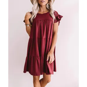 Entro Women’s‎ Tiered Merlot Babydoll Ruffle Short Sleeve Mini Dress Size Small thumbnail 2