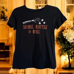 Shake Rattle Roll Skeleton Dice Graphic Tee Black Halloween Bunco‎ Size Small thumbnail 2