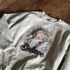 Gildan Cheetah Santa Christmas Believe Crewneck Sweatshirt thumbnail 3