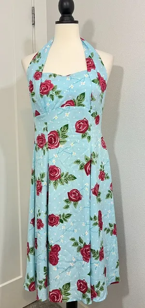Hell Bunny Vixen 50s Rockabilly Blue Rose Halter Swing Dress thumbnail 1
