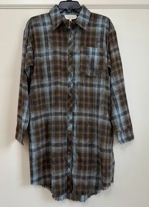in february Mineral Wash Plaid Frayed Hem Shirt Dress Cotton Blend Size S NWT thumbnail 1