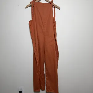 Shiny by Nature Womes Linen Overalls Canyon Orange Wide Leg Square Neck Bib thumbnail 2