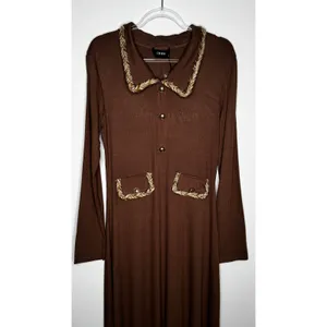 Cider 2020s Brown Ribbed Midi Dress Gold Trim Stretch NWT Large thumbnail 14
