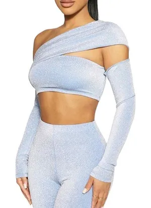 NWT Naked Wardrobe Overly Long Sleeve Off The Shoulder Crop Top Glitter Blue S thumbnail 1
