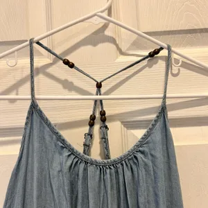 Maurices Light Wash Chambray‎ Halter Dress Beaded T-Back Empire Waist Blue Large thumbnail 6