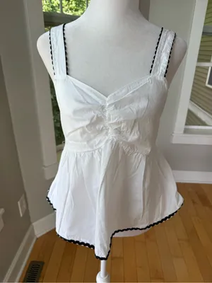 Japna White Cotton Peplum Tank Top with Black Trim Sz Medium thumbnail 8