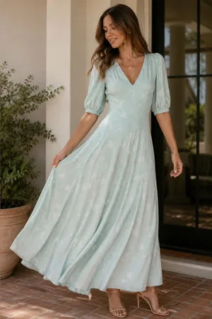 Something‎ Navy Light Teal Chalk Etch Flowers Viscose Romantic Maxi Dress thumbnail 1