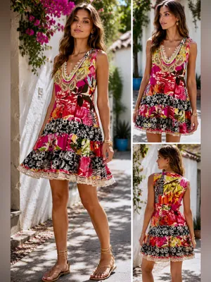 FREE PEOPLE Patchwork Dress Embellished Neck Back Cinch Boho Y2K Floral Sz M💛 thumbnail 2