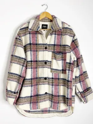 Zara Plaid Overshirt Jacket Size M Pink Cream Shacket Button Front thumbnail 1